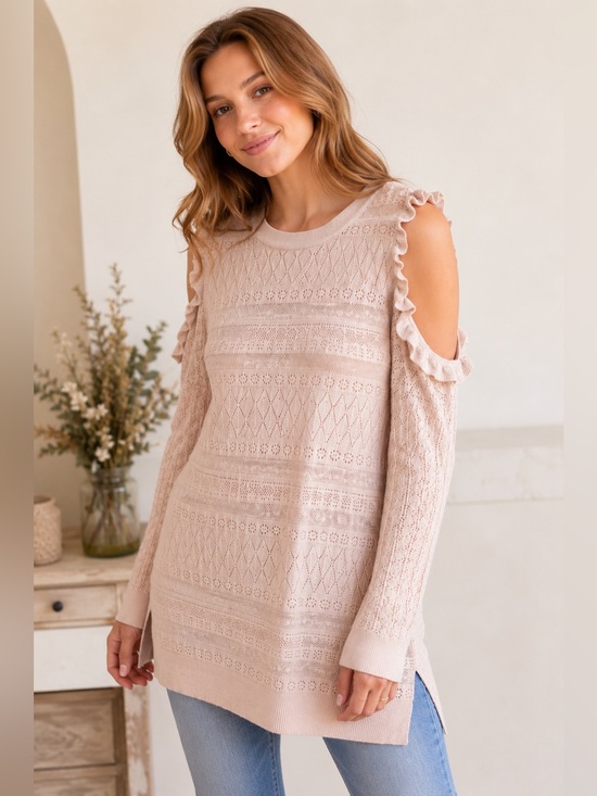 LC Lauren Conrad Sweaters - Cold-Shoulder‎ Ruffle Knit Sweater - Blush